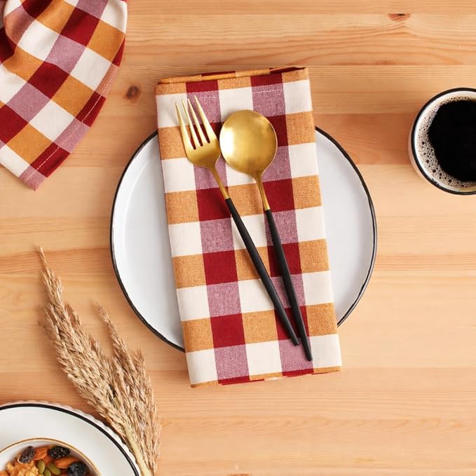 Cloth Napkins Set of 12, 100% Cotton Dinner Napkins 18x18 Inch, Soft Absorbent Gingham Check Napkin for Restaurant, Table Décor, Reusable Washable for Everyday Use - Harvest