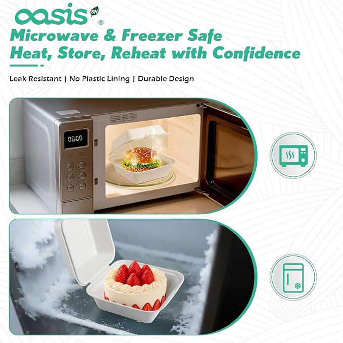 𝟲𝘅𝟲", 𝟭𝟮𝟴-𝗣𝗮𝗰𝗸 Compostable Clamshell Take Out Food Containers, Biodegradable Bagasse Paper To-Go Boxes for Burgers, Sandwiches, Eco-Friendly, Microwave & Freezer Safe (White, Small)