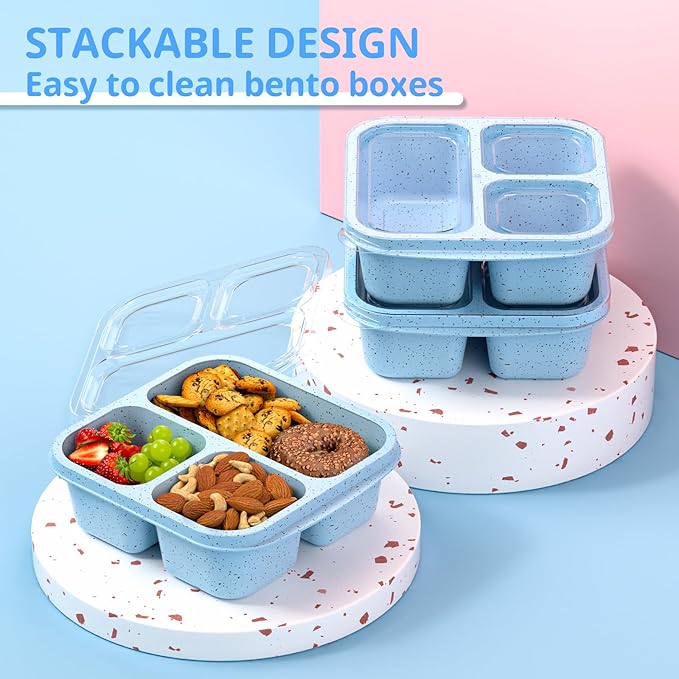 Snack Boxes (3 Pack) - Stackable Bento Boxes with 3 Compartments, Meal Prep Containers Reusable, Lightweight Lunch Containers for Kids and Adults, BPA Free (Blue)