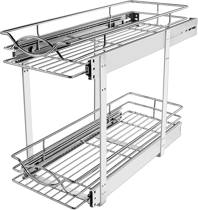 Sikarou Pull Out Cabinet Organizer 2-Tier Individual Slide Out Drawer Pantry Shelf Storage for Kitchen Base Cabinet Organization for Kitchen, Bathroom, Pantry, Chrome (2-Tie 7 * 21 in)