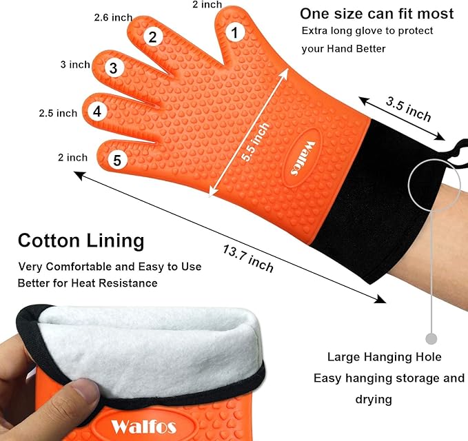 Walfos Silicone BBQ Gloves - Heat Resistant Grilling Gloves Set with Pork Shredder Claws & Brush, Non-Slip Kitchen Silicone Oven Mitt with Protective Cotton Layer, Suit for Indoor & Outdoor, Orange