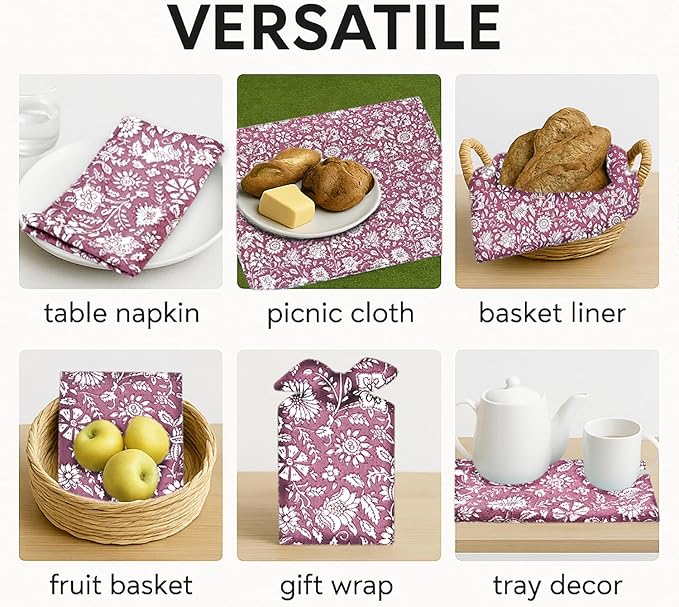 Ridhi Mauve Vine Garden Hand Block Print 100% Cotton Napkins 18" x 18" (Set of 4) Reuseable Kitchen Napkins Cloth Decor Dinner Party Wedding Cocktail Gift for Spring, Easter, Valentine