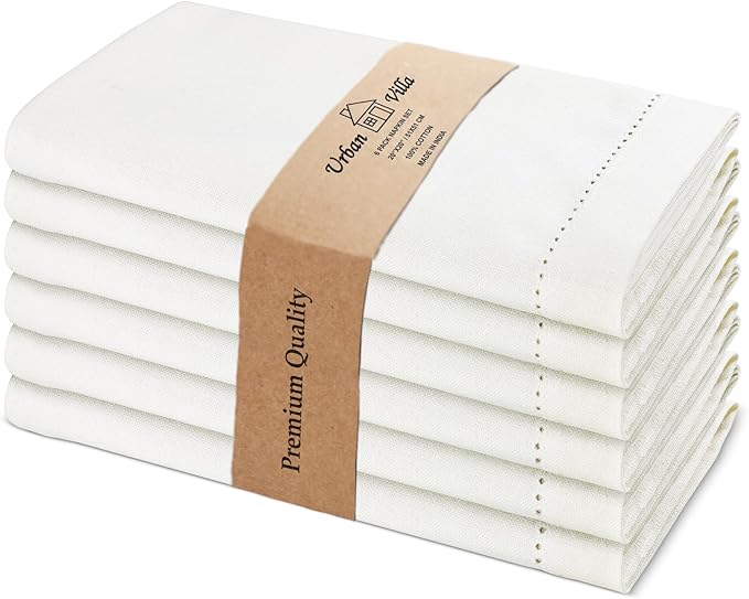 Urban Villa Cloth Napkins Hemstitch Solid Ivory 100% Cotton Absorbent Dinner Napkins (Set of 6) 20x20 Inches Soft Durable Washable Reusable Ideal for Everyday Use Wedding Parties Cloth Dinner Napkins