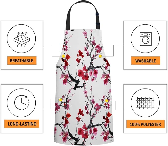 oFloral Watercolor Cherry Blossoms Apron Unisex Adjustable Bib Apron, Cooking Kitchen Chef Apron, Women Men Apron for Home Kitchen, Restaurant, Coffee house