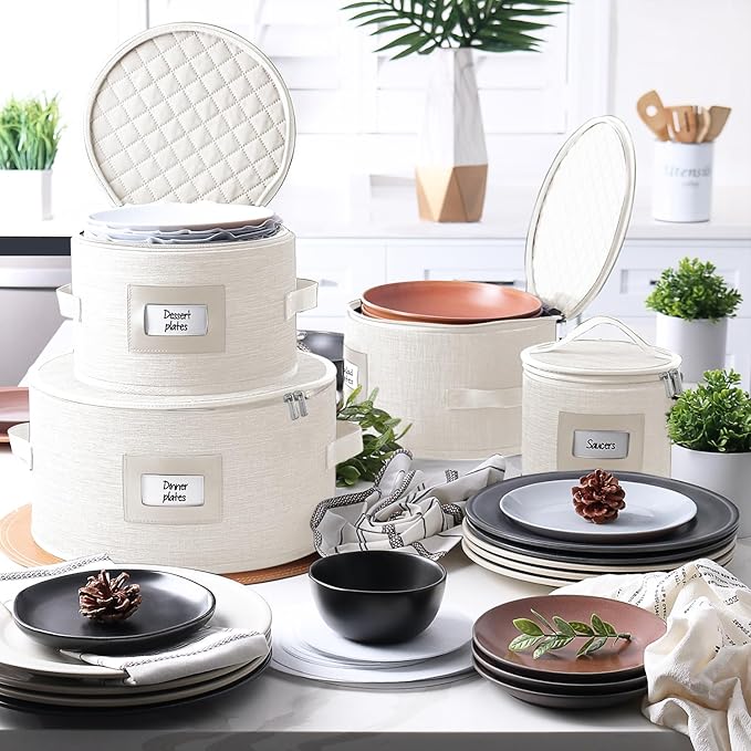 Fine China Storage Containers, 5 Piece Quilted Dish Storage Containers, Mug, Cup, and Plate Dish Organizer with Felt Dividers, Service of 12 Dinnerware Boxes for Moving, Seasonal Organization, Cream