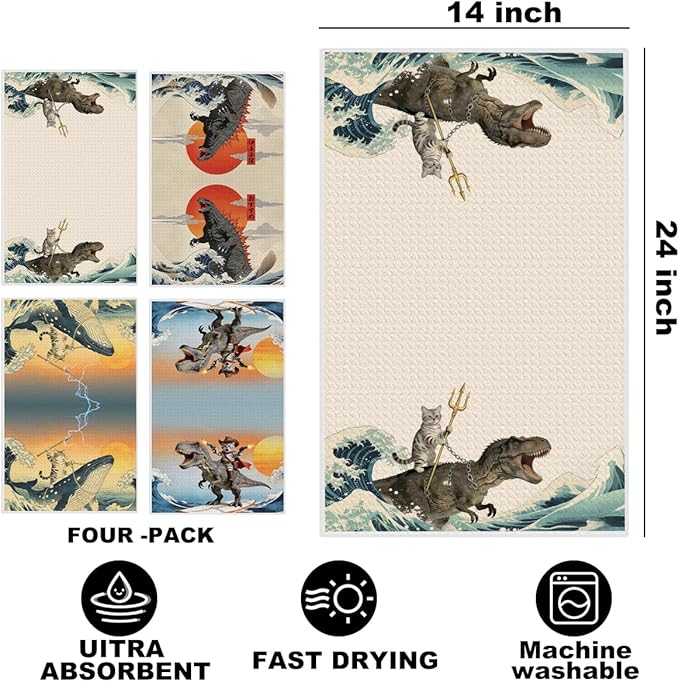 4 Pcs Funny Cat Kitchen Towels 24x14 Inch, Godzilla Japanese Cats Gifts Hand Towel, Microfiber Dish Cloths for Drying Dishes, Waffle Dish Towels for Kitchen Home Decor, Cat Lover Gifts for Women Mom