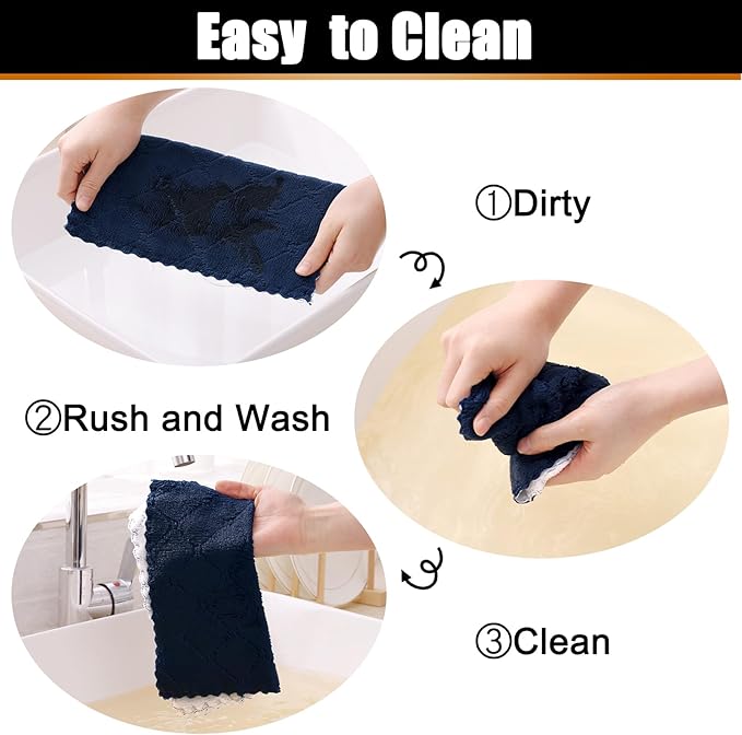 Mordimy 24 Pack Kitchen Cloths Dish Towels (10" x 10", Navy Blue & White), Super Soft and Absorbent Dish Cloths, Coral Velvet Microfiber Cleaning Cloth, Nonstick Oil Fast Dry Dishcloths