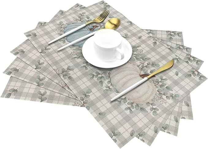 Fall Pumpkin Thanksgiving Placemats 12x18 Set of 4, Blue Pumpkin Buffalo Plaid Table Place Mat Autumn Watercolor Harvest Washable Table Mats Decorative Linen Fabric Table Mat for Dining Table