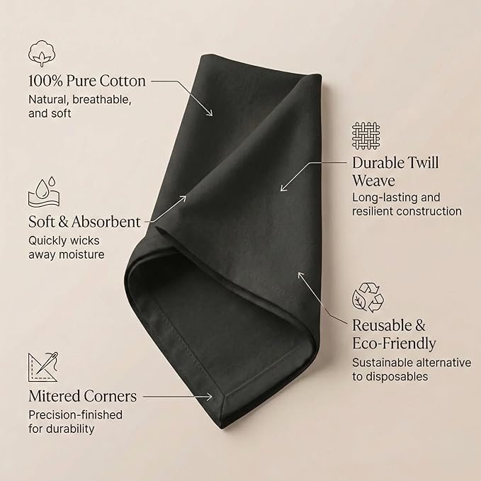 ACCENTHOME Accent Home 100% Cotton Napkins, Delicate Cloth Napkins for Dinners, Parties and Weddings，18 x 18 Inch Set of 12 - Black