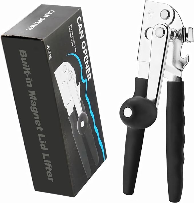 Manual Can Opener Heavy Duty Smooth Edge - Bottle Opener Combo for Seniors Adults, Stainless Steel Kitchen Camping Tool, Safe Easy to Use, Black