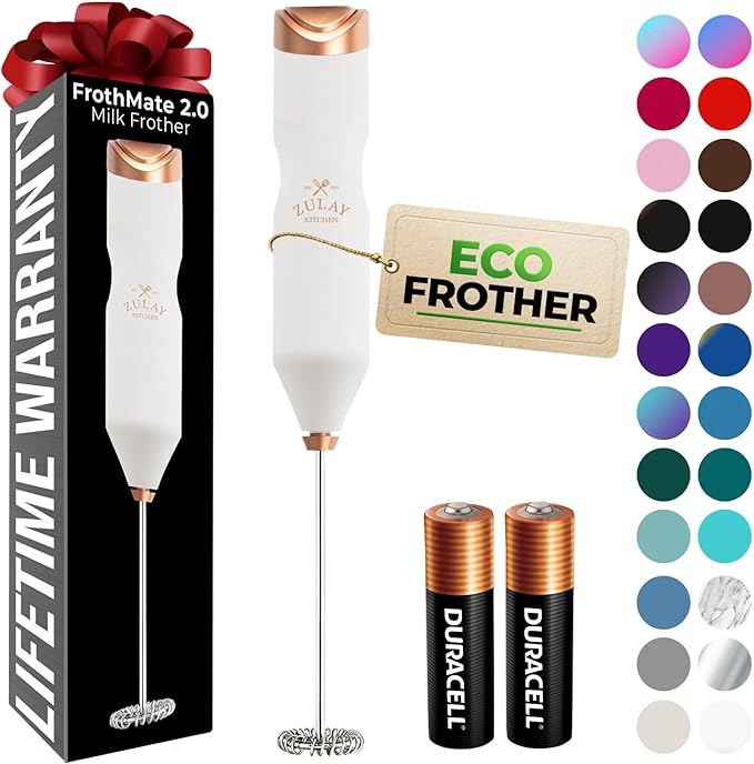 Zulay Kitchen Powerful Frother Wand AA Batteries Included, Ultra Fast Handheld Drink Mixer, Comfort Milk Frother, Stainless Steel Whisker, Frother Handheld for Coffee, Protein & Matcha - Frothmate 2.0