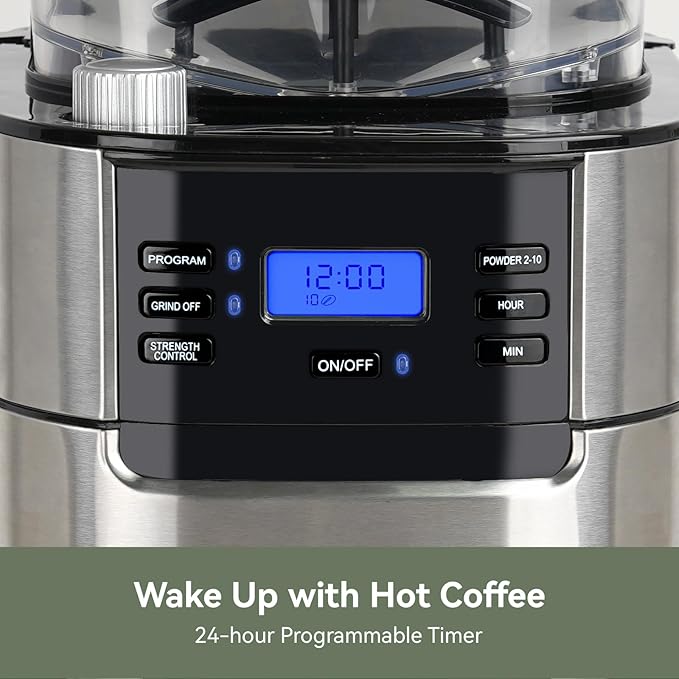 Gevi 10-Cup Drip Coffee Maker with Burr Grinder | Programmable Timer, 1.5L Water Tank, Reusable Filter, Warming Plate, All-in-One Brew & Grind Coffee Machine