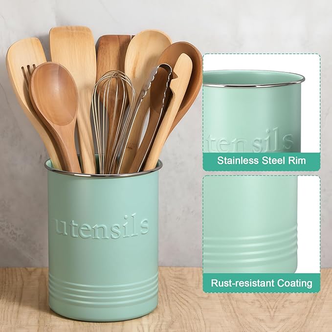 FoldTier 2 Pack Kitchen Utensil Holder for Counter 6.7"+4.7" Farmhouse Cooking Utensil Crock with Cork Bottom Modern Farmhouse Decors Countertop Storage Organizer Caddy Housewarming Gift(Sage Green)