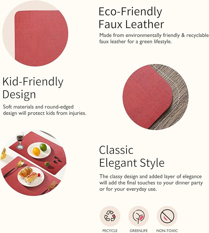 Maxpearl Faux Leather Placemats Set of 4, Waterproof - Wipe Clean - Heat Resistant - Anti Slip Dining Table Place Mats, Suitable for Indoor & Outdoor Use, 17’’×12’’, Red