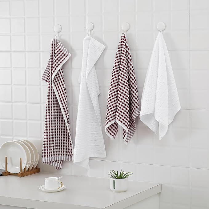 SALAS Cotton Dish Towels Cloths for Kitchen Drying Dishes, Lattice Terry Kitchen Towels, Absorbent Cloths with Hanging Loop, 16‘’ x 26‘’, 4 Packs, Wine Red and White