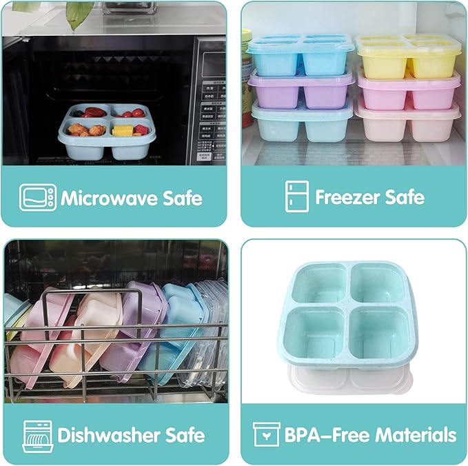 Finorder 6 Pack Snack Containers, Wheat Straw Fiber 4 Compartment Reusable Bento Lunch Box, Meal Prep Lunch Containers for Adults, Food Containers for Picnic, Office and Travel