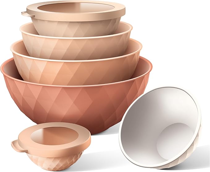 COOK WITH COLOR Mixing Bowls with Lids - 12 Piece Plastic Nesting Bowls Set includes 6 Prep Bowls and 6 Lids, Microwave Safe Mixing Bowl Set, Orange Diamond