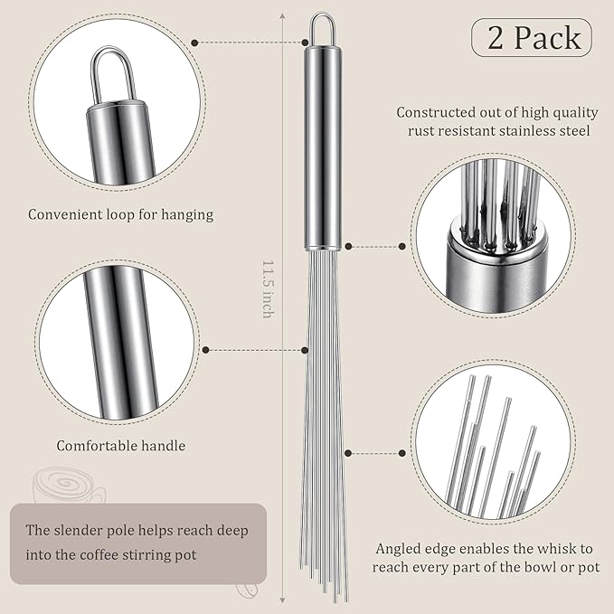 Baderke 2 Pcs Espresso Whisk 11.5 Inch Long Handle Barista Whisk 10 Needles 2 mm Stainless Steel Coffee Stirrer Tool Efficient Mixing Time Saving Reduction Clumping Ideal for Commercial Home