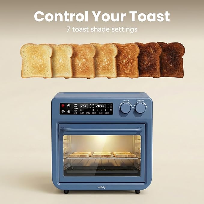 SMIRLY Digital Air Fryer Toaster Oven Combo, 27QT Convection Countertop Oven, 10-in-1 Multi-Function Fits 12" Pizza & 6 Slices of Toast, Stainless Steel, Blue