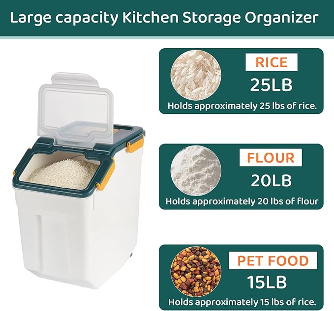 PENCK Rice Storage Container 25 lbs Large Household Flour Sugar Containers Airtight Grain Cereal Dispenser with Wheels, Locking Lid & Measuring Cup for Kitchen Pantry Organization, 2 Pack(Blue)