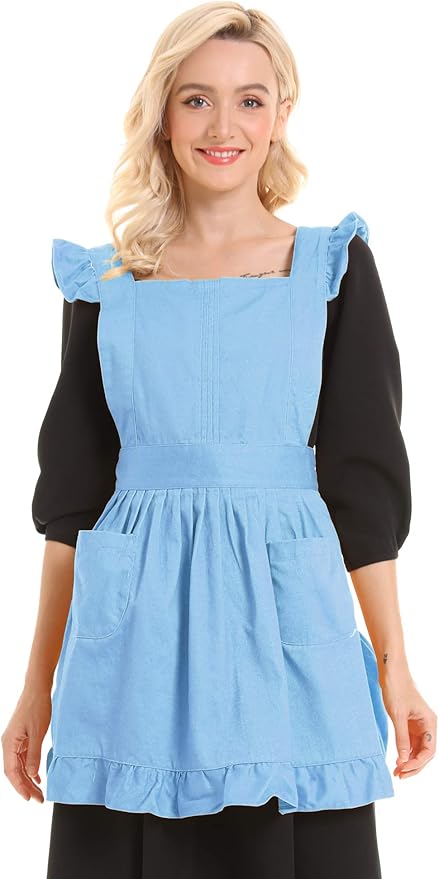 Retro Adjustable Ruffle Apron Kitchen Cooking Baking Cleaning Maid Costume (Blue)