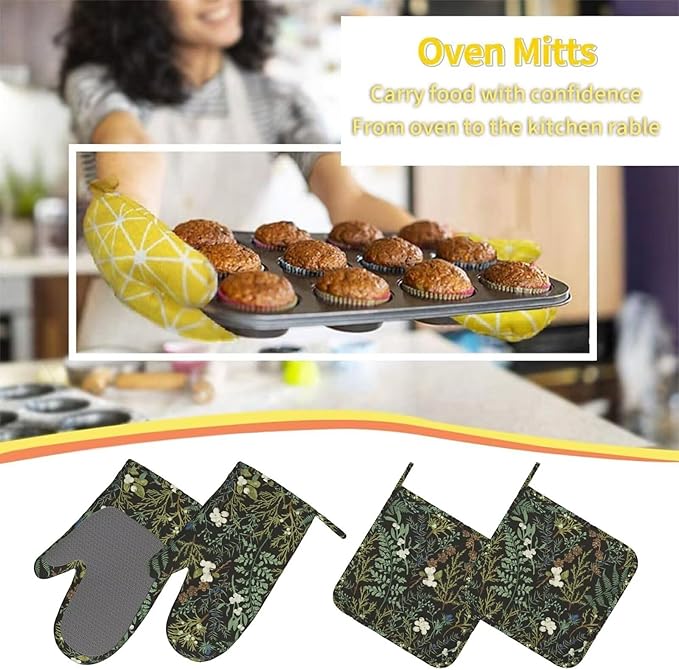 Botanical Print Floral Oven Mitts Pot Holders Farmhouse Cooking Apron Set of 5 Silicone Black Sage Green Botanical Print Kitchen Glove Apron Non-Slip Heat Resistant for Chef Baking Cooking