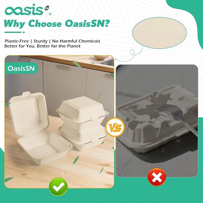 𝟲𝘅𝟲", 𝟭𝟮𝟴-𝗣𝗮𝗰𝗸 Compostable Clamshell Take Out Food Containers, Biodegradable Bagasse Paper To-Go Boxes for Burgers, Sandwiches, Cake, Eco-Friendly, Microwave & Freezer Safe (Natural)