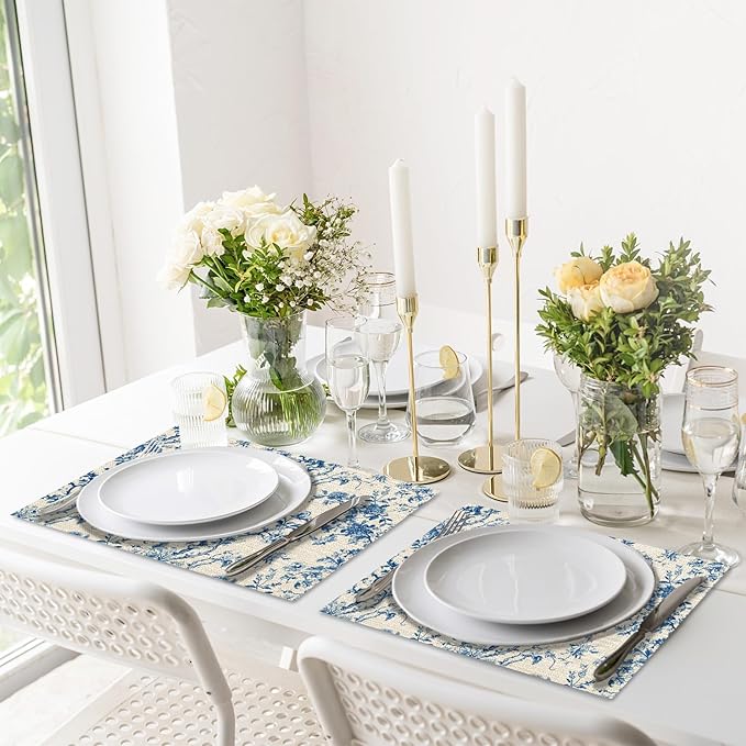 Set of 4 Blue Floral Placemats, 12 x 18 Inch Chinoiserie Rectangle Table Mats, Linen Fabric Placemat for Indoor & Outdoor Kitchen Dining Home Decor -04