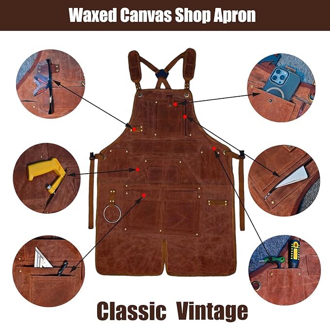 20-Pocket Heavy-Duty Waxed Canvas Work Apron – Fully Adjustable, Vintage Style Tool Organizer