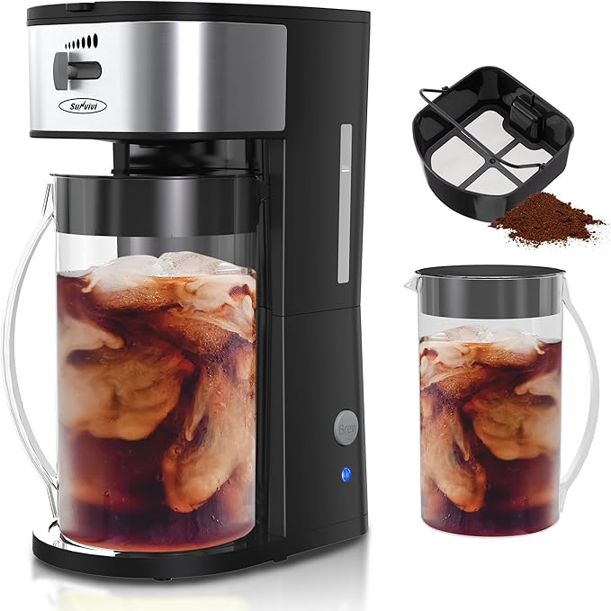 SUNVIVI Iced Tea Maker with 2.5-Quart Pitcher, Iced Coffee Brewing Maker for Ground Coffee, Tea Bags, Loose Leaf Tea, 7 Cups Coffee Machine for Home, Strength Control for Flavor, Black