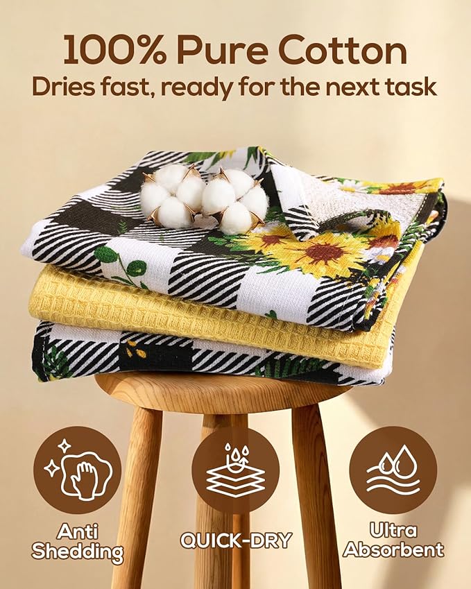 Miss Adola 3pcs Cotton Kitchen Towels - 270 GSM 15x25 Inch Terry Cloths Reusable Dish Cloths for Cleaning Absorbent Soft Hand Tea Towels with Hanging Loop for Housewarming Home Decor, Plaid Sunflower