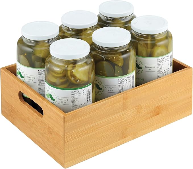 mDesign Bamboo Kitchen Cabinet & Fridge Drawer Organizer Tray with Handle - Storage Bin for Cutlery, Serving Spoons, Cooking Utensils, Gadgets - Natural Wood Finish
