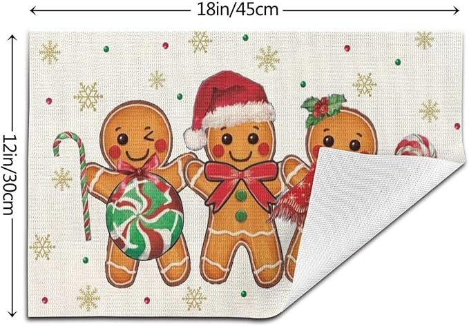Christmas Place mats Set of 4,12x18 Inches Brown Gingerbread Man Decorative Christmas Decor Placemats Rectangle Winter Table Mats for Party Home Kitchen Dining Table Decoration