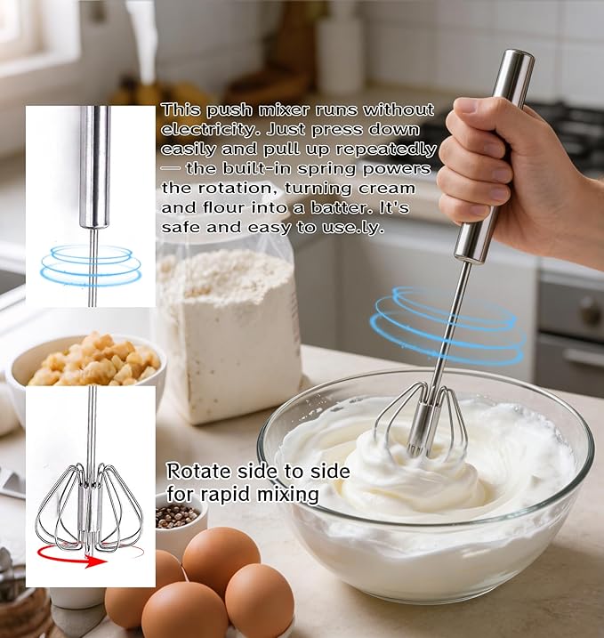 Kuars Gvni Stainless Steel Egg Whisk, Press-Type Rotating Whisk, Egg White Separator, Semi-Automatic Egg Beater, Fine Mesh Strainer, Egg Separator, 3-in-1 Kitchen Set for Baking and Cooking