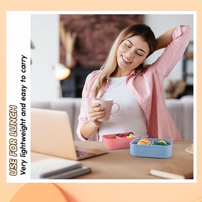 Layhit 4 Pcs Silicone Bento Box for Adults, 27 oz Bento Lunch Container Reusable 3 Compartment Lunchable Food Container for Women Men, Leak Proof Microwave Dishwasher Freezer Safe (Dark Colors)