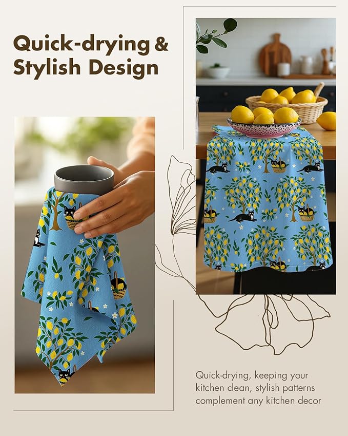 Miss Adola Flour Sack Kitchen Towels - Set of 2 Cotton Dish Towels with Hanging Loop Decorative 18x26 Inch Absorbent Cute Design for Housewarming Gifts, Lemon Cat
