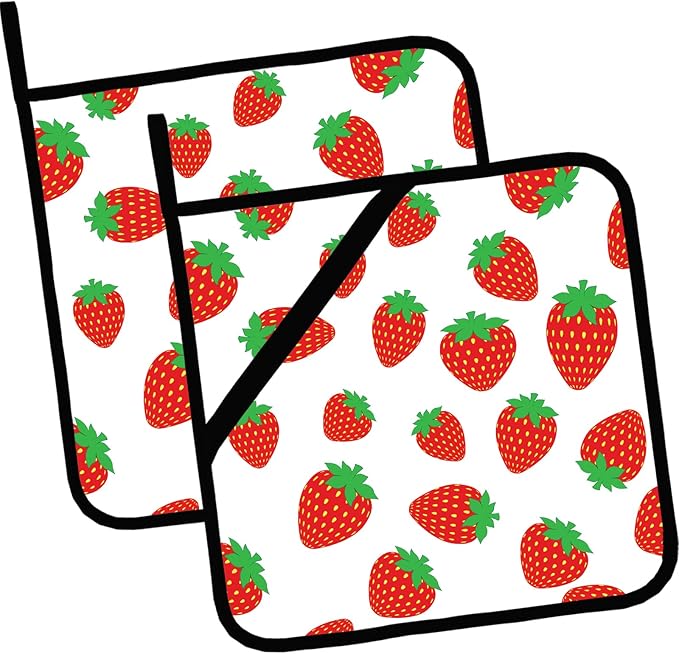 Cute Cartoon Strawberry Pot Holders Set of 2,Kitchen Heat Resistant Potholders for Microwave Cooking Baking Oven and BBQ Gifts for Women
