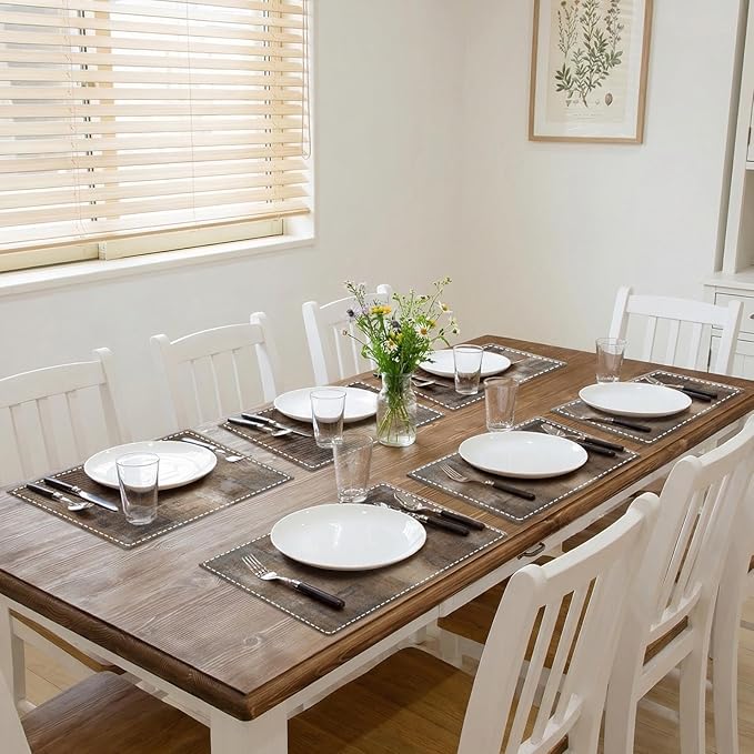 Emvency Farmhouse Placemats Set of 6,12x18 Inch Linen Rectangular Place Abstract Rustic Neutral Modern Brown Table Mats for Indoors & Outdoor Home Party Kitchen Dining Decoration