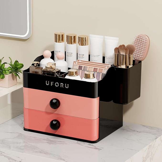 Makeup Organizer for Vanity with Brush Holder, Countertop Skincare Organizer with 2 Drawers, Spacious Cosmetic Display Case for Perfumes, Eyeshadow Palettes, Nail Polishes