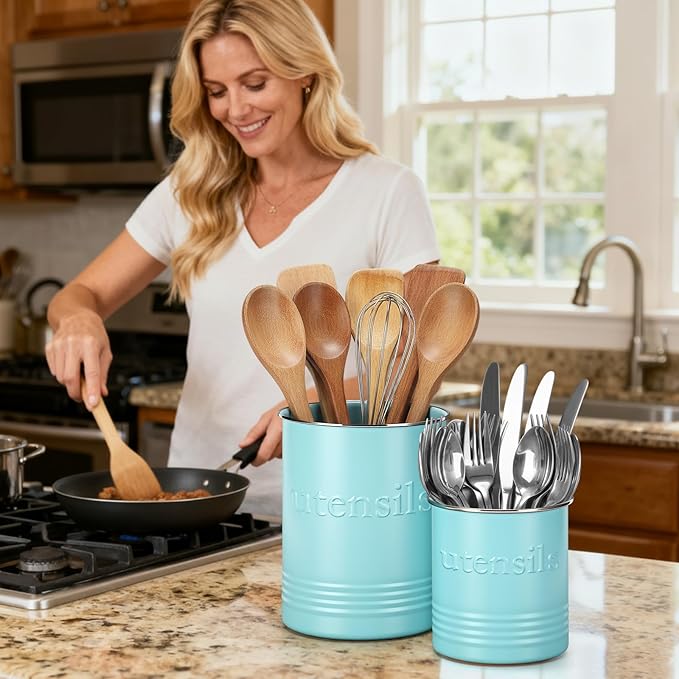 FoldTier 2 Pack Kitchen Utensil Holder for Counter 6.7"+4.7" Farmhouse Cooking Utensil Crock with Cork Bottom Modern Farmhouse Decors Countertop Storage Organizer Caddy Housewarming Gift(Turquoise)