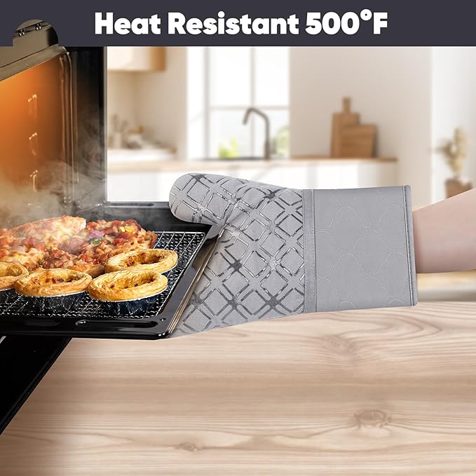 Oven Mitts and Pot Holders Set with Dishcloths, 500 Degree Heat Resistant Oven Gloves and Hot Pads, Premium Soft Cotton Kitchen Mittens and Dish Cloth Sets-Grey