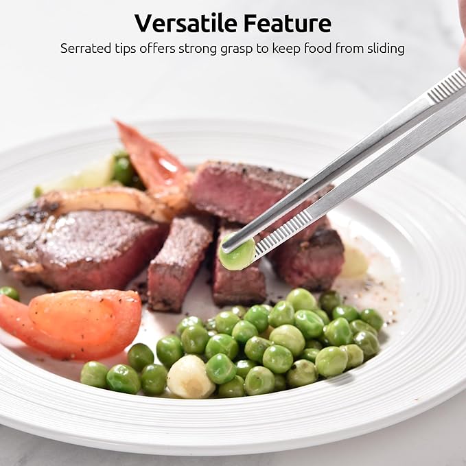 U-Taste 8in Kitchen Plating Tweezer: 18/8 Stainless Steel Food-Grade Metal Food Tong, Seamless-Welding, Sturdy and Flexible with Non-Slip Tips for Serving, Decorating, Cooking, Baking (Pointed Tip)