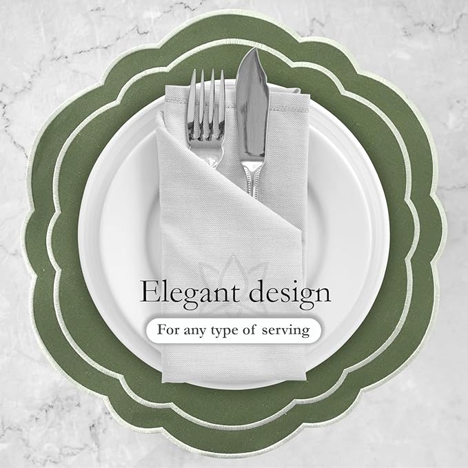 Round Placemats Set of 4, Cotton Linen- Double Layered, Luxury Scalloped Embroidered Cloth Table mats, 16 inch, Washable Fabric Dining Placemat (Green)