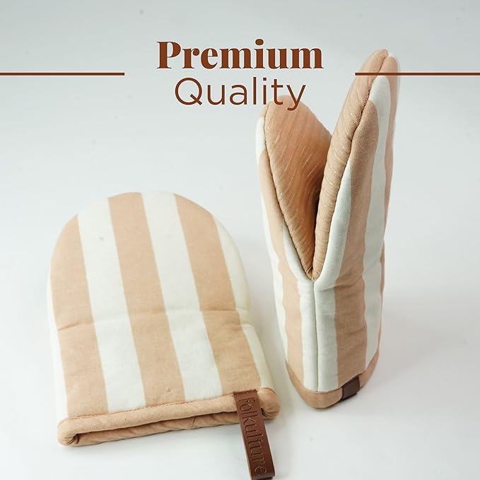 Folkulture Oven Mitts - Set of 2 (5.75"x9") | Oven Mitts with Hanging Loop for Cooking Gifts for Women, Kitchen Decor| 100% Cotton, Silicone Heat Resistant Mini Mitts - House Warming Gifts (Latte)