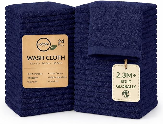 Softolle 100% Cotton Washcloths 24 Pack (12x12 Inches) Soft, Highly Absorbent Washcloth, Face Towels, Wash Cloths for Face, Ring Spun, Bulk Pack (Navy Blue)