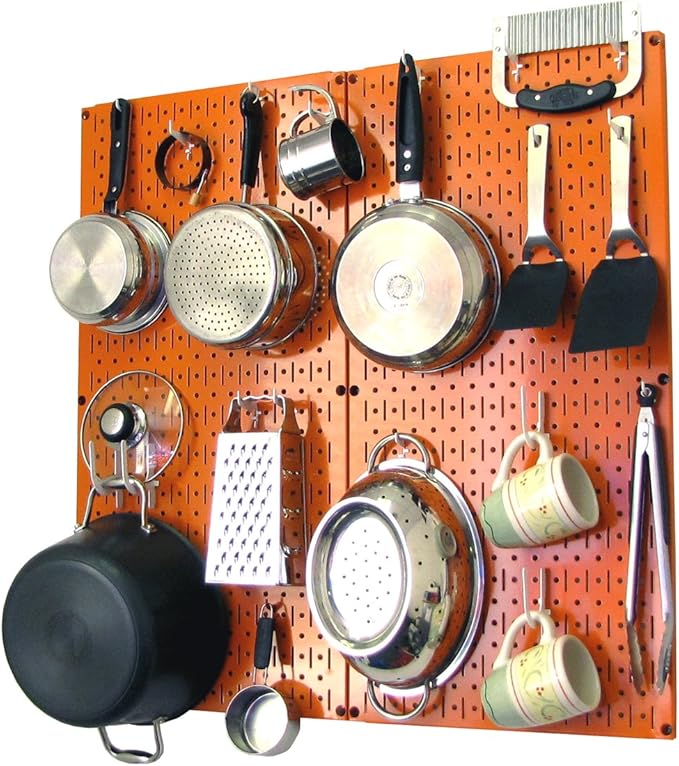 Wall Control Kitchen Pegboard Organizer Pots and Pans Storage Rack Organization Kit with Orange Pegboard and White Accessories