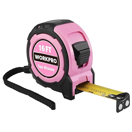WORKPRO 16FT Pink Tape Measure, 1/8 Fractions Easy Read Measuring Tape, Retractable Nylon Coating Measurement Tape Accuracy 1/32, Magnetic Hook, Belt Clip, Rubber Protective Casing