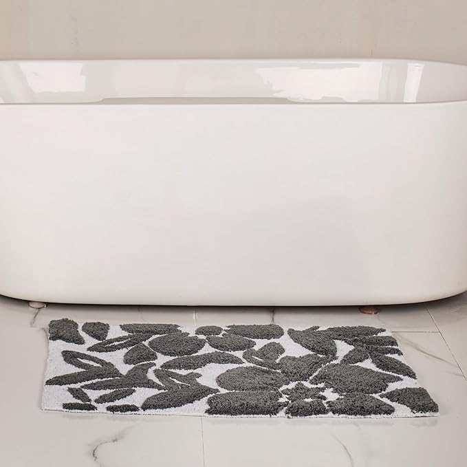 voyzz home Luxury 100% Cotton Spring Flower Bathroom Rug Mat, Extra Soft Thick Absorbent Tufted Bath Rugs, Machine Washable Plush Bath Mat for Bathroom, Shower, and Tub (20''x32'', Grey Leaf)…