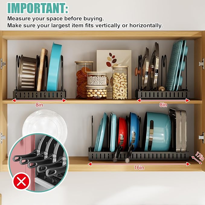 X-cosrack 15 Adjustable Dividers Pot and Pan Organizer Rack, 7" D x 32" W x 7.1" H, 3 in 1, Expandable Lid Bakeware Cupboard Rack Holder for Kitchen Cabinet Pantry Countertop, Black (Patent Pending)