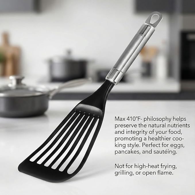 KSENDALO LFGB Certified Nylon Fish Spatula, Slotted Egg Turner for Nonstick Cookware – Flexible Wide Blade Kitchen Flipper for Eggs, Omelets, Pancakes, Dishwasher Safe (Max. 410°F）